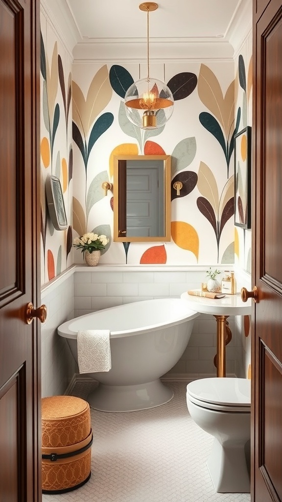 Small bathroom with Art Deco inspired wallpaper featuring bold leaves and geometric patterns.