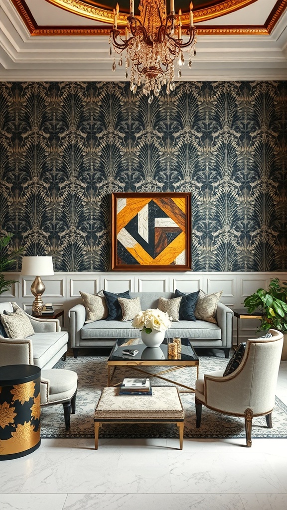 A glamorous Art Deco inspired living room with bold wallpaper, elegant furniture, and a sparkling chandelier.
