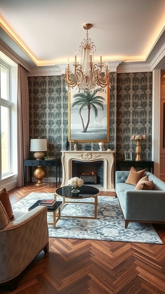 A stylish living room featuring Art Deco wallpaper with palm tree design, elegant chandelier, and modern furniture.