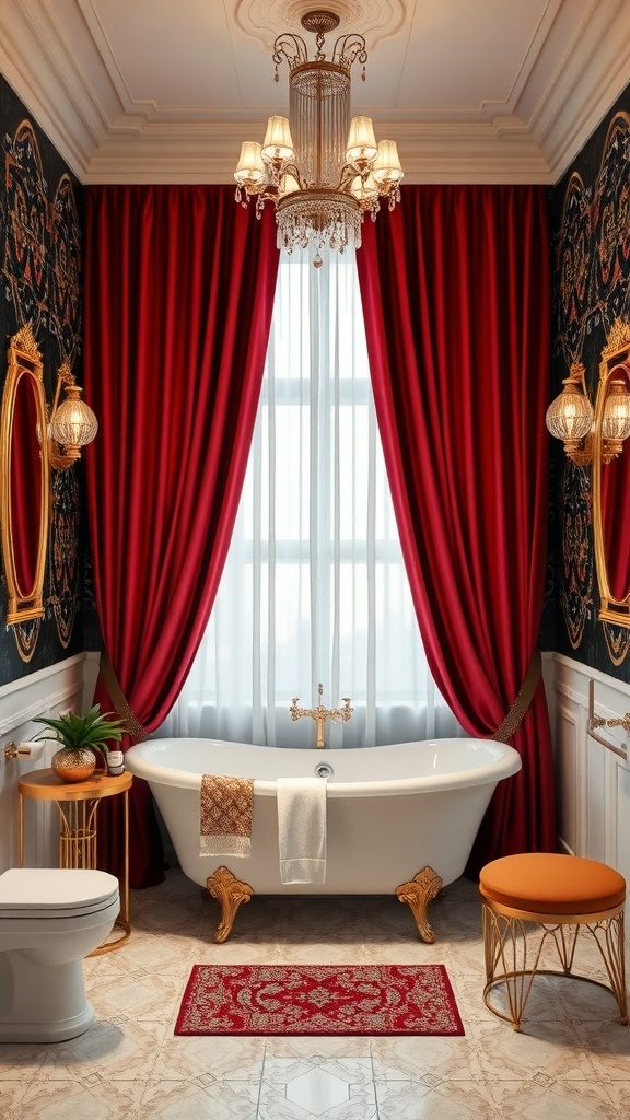 A luxurious Art Deco inspired bathroom with red curtains, a freestanding bathtub, and elegant decor.