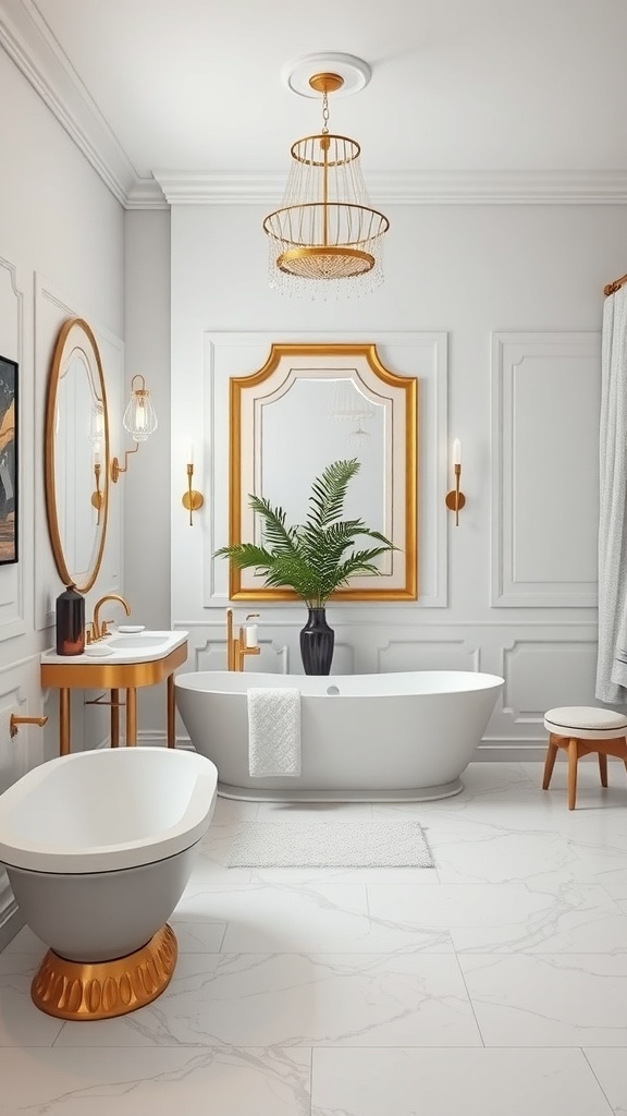 A luxurious bathroom featuring Art Deco inspired decor with gold accents, a freestanding bathtub, and elegant lighting.