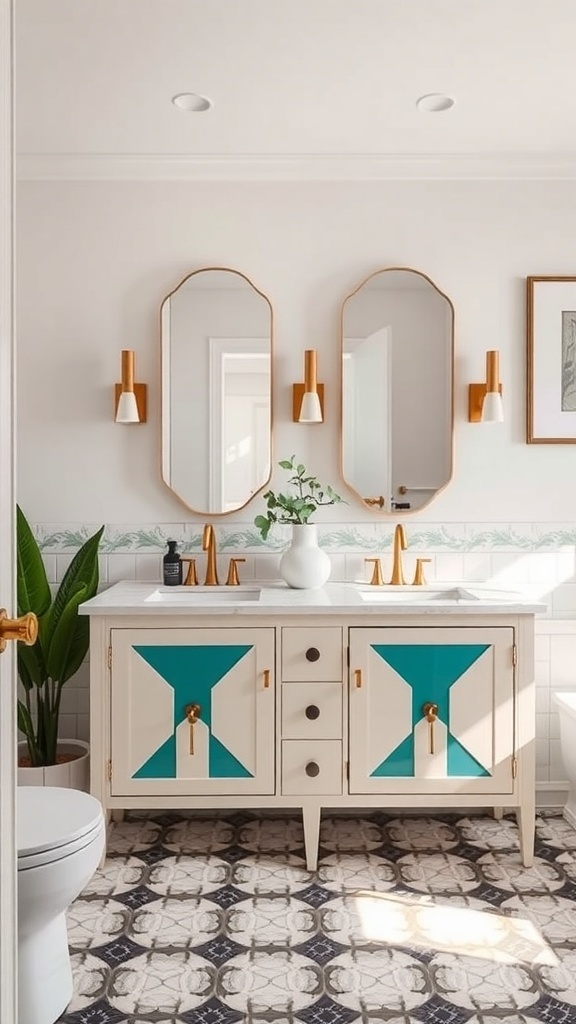 Art Deco style dual vanity bathroom featuring teal accents, oval mirrors, and elegant lighting fixtures.