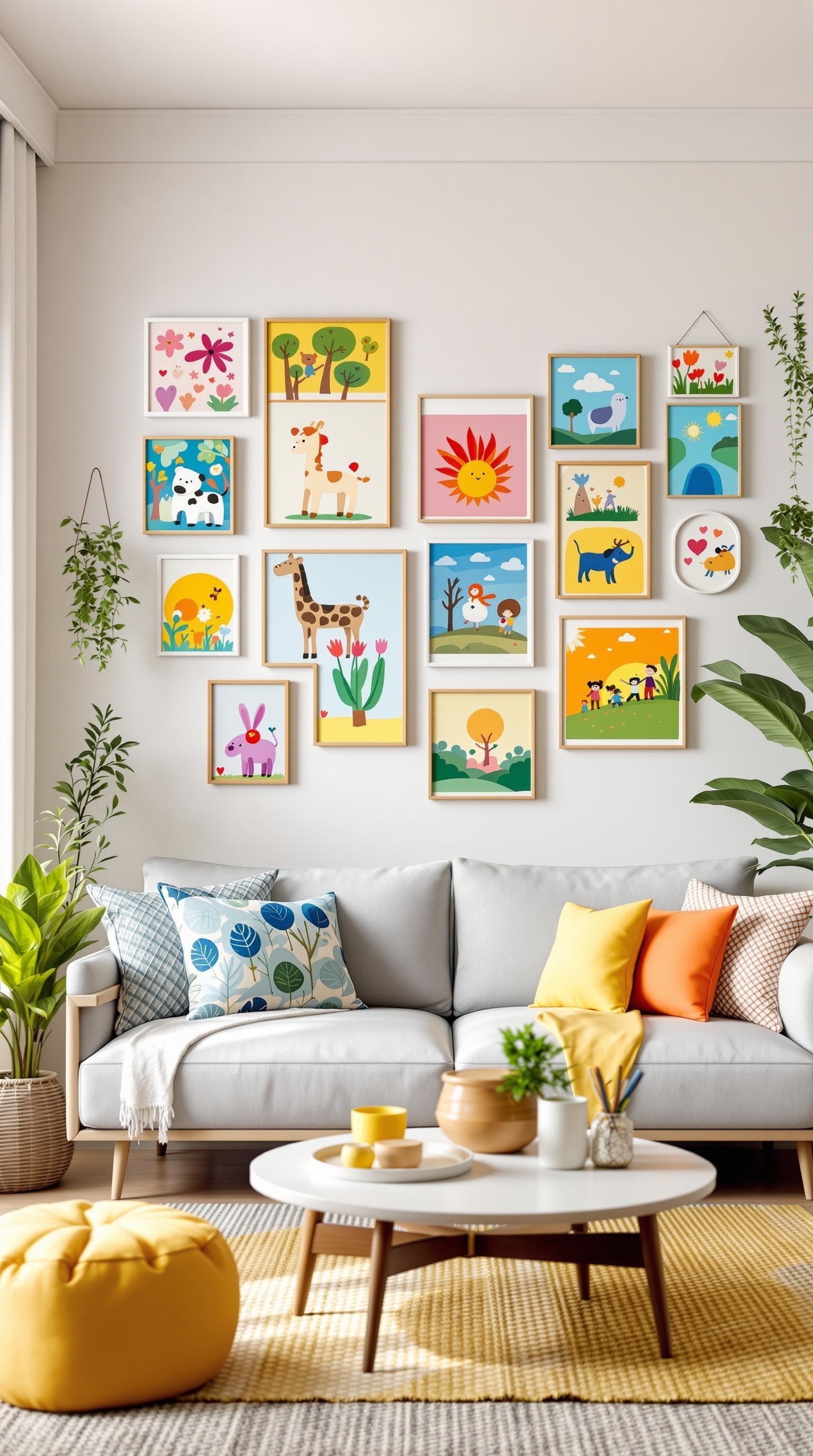 A cozy living room with colorful kids' artwork displayed on the wall, featuring playful animals and bright flowers.