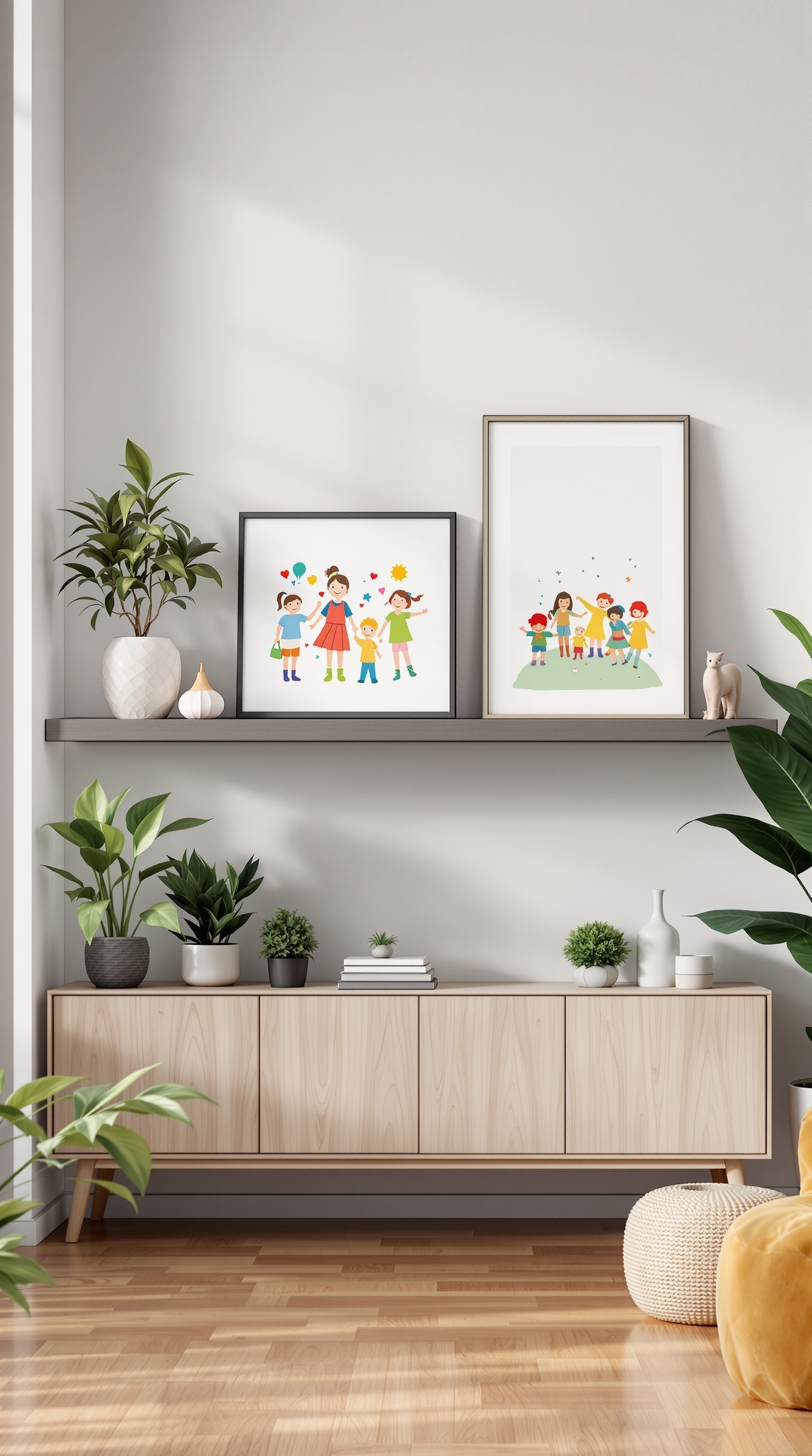 A modern shelf displaying colorful children's artwork alongside plants and decorative items.