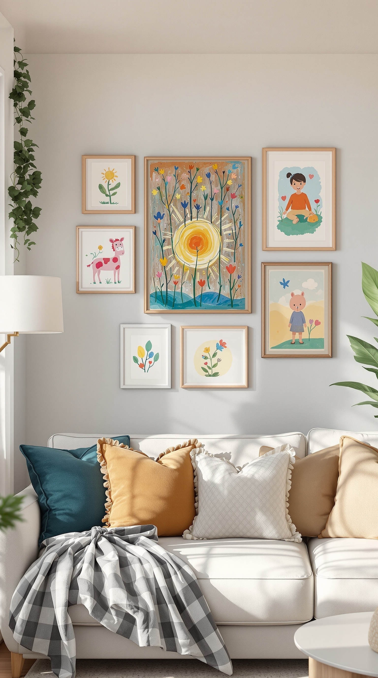 A family-friendly living room with an art display wall featuring colorful children's artwork.