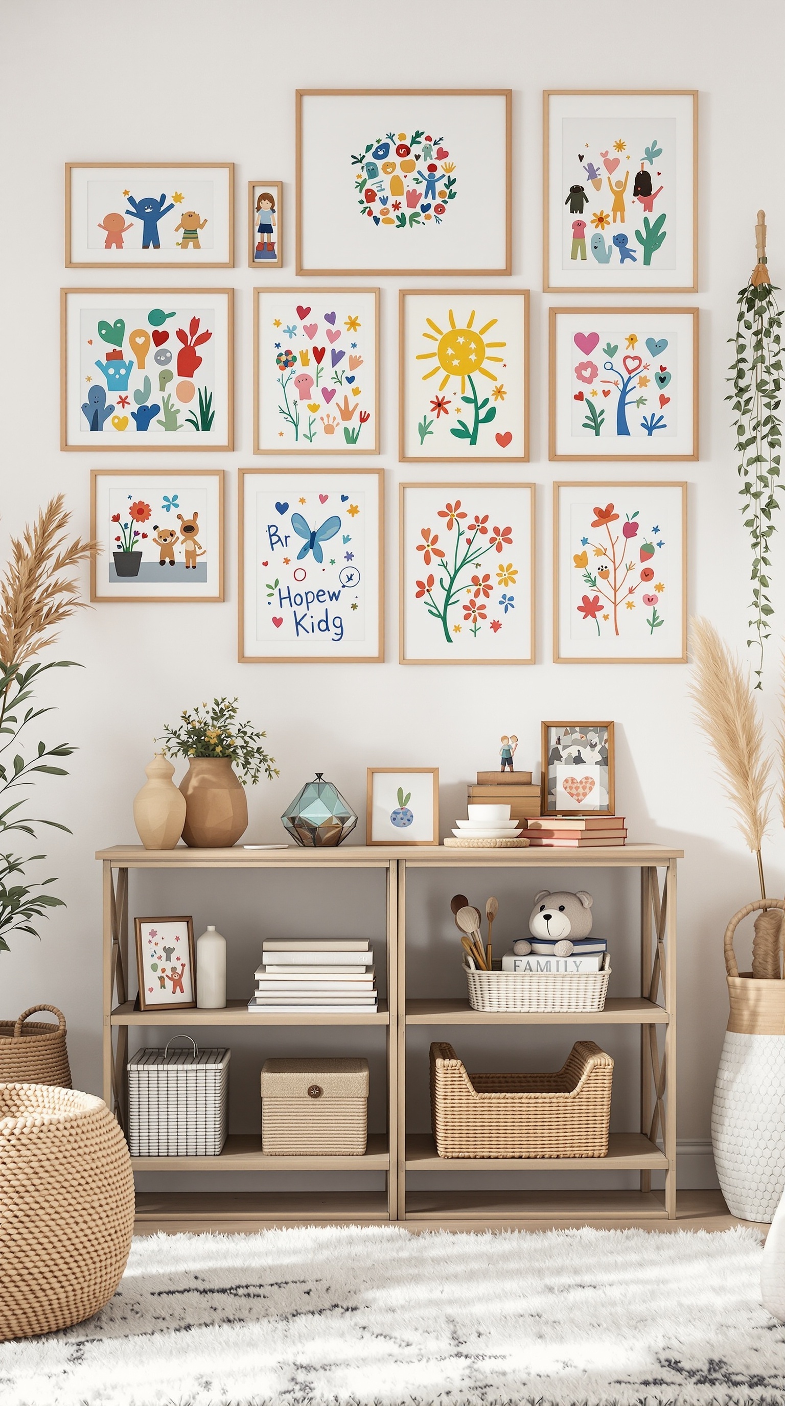 A wall displaying colorful kids' artwork in frames, with a stylish shelf below holding decorative items and storage baskets.