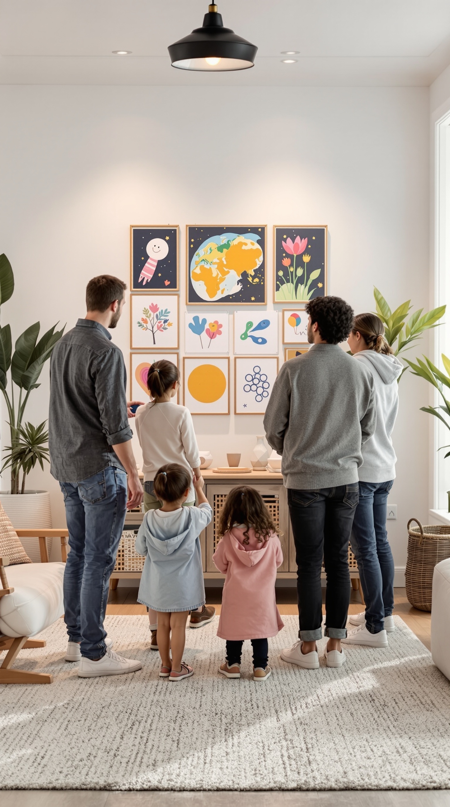 A family admiring kids' artwork displayed on a wall in a cozy room.