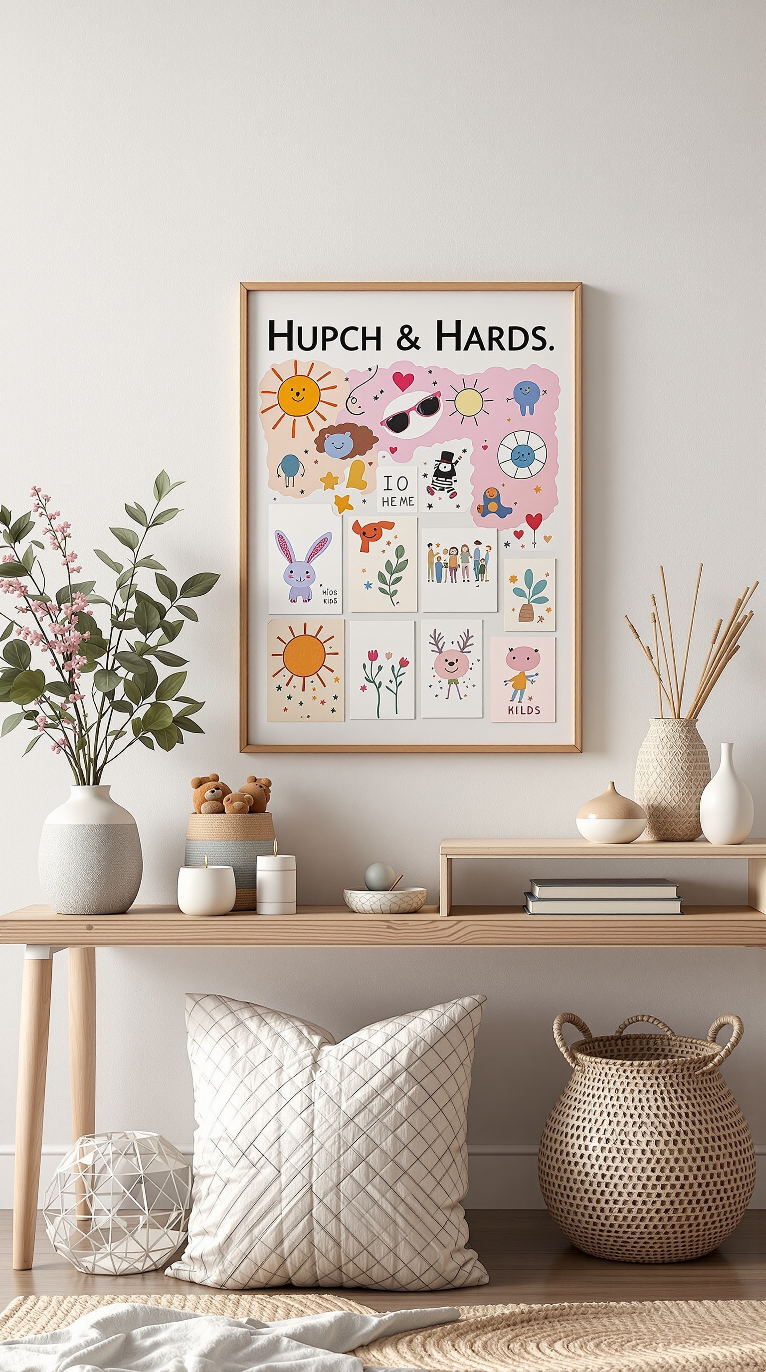 A framed collage of kids' artwork displayed on a wall, with a stylish shelf underneath holding decorative items.
