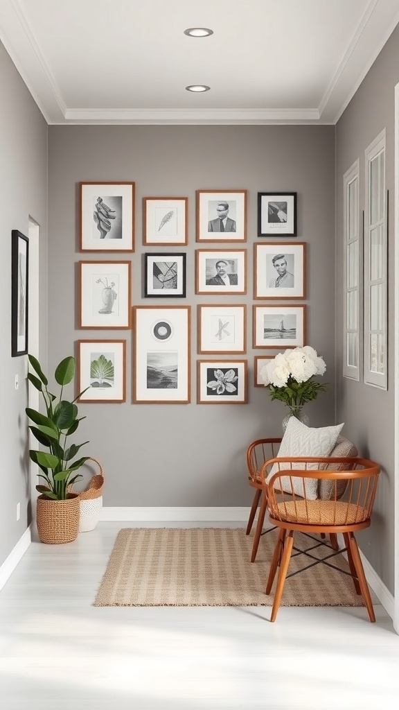 A hallway featuring an art gallery display with framed artworks on a gray wall, a cozy chair, and a potted plant.