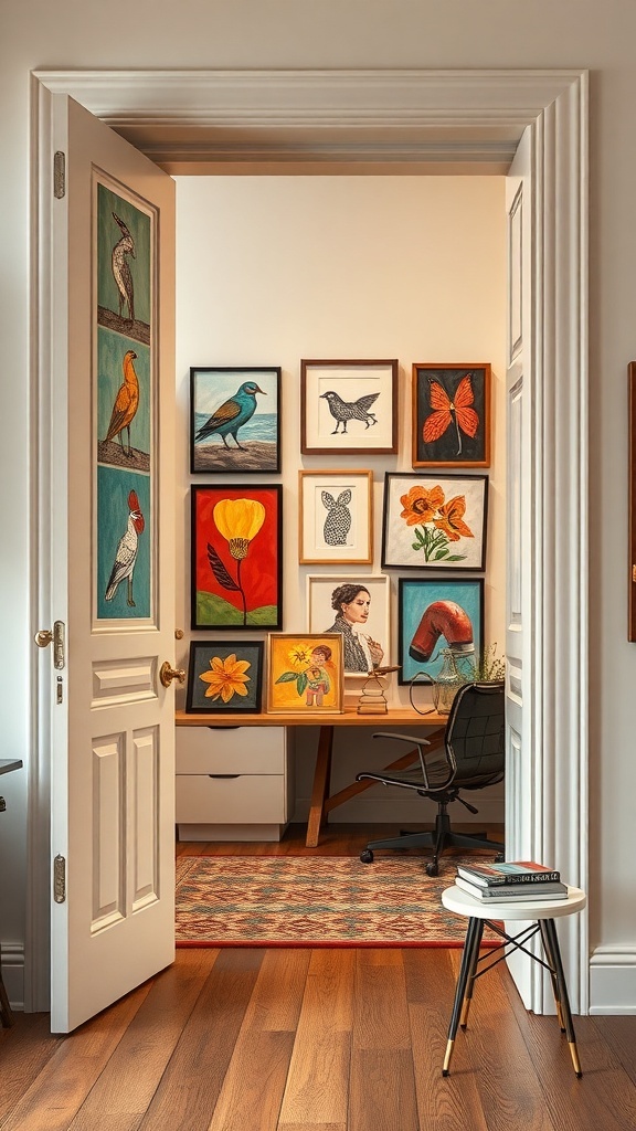 A door decorated with colorful bird and butterfly illustrations, leading to a workspace with framed artwork.