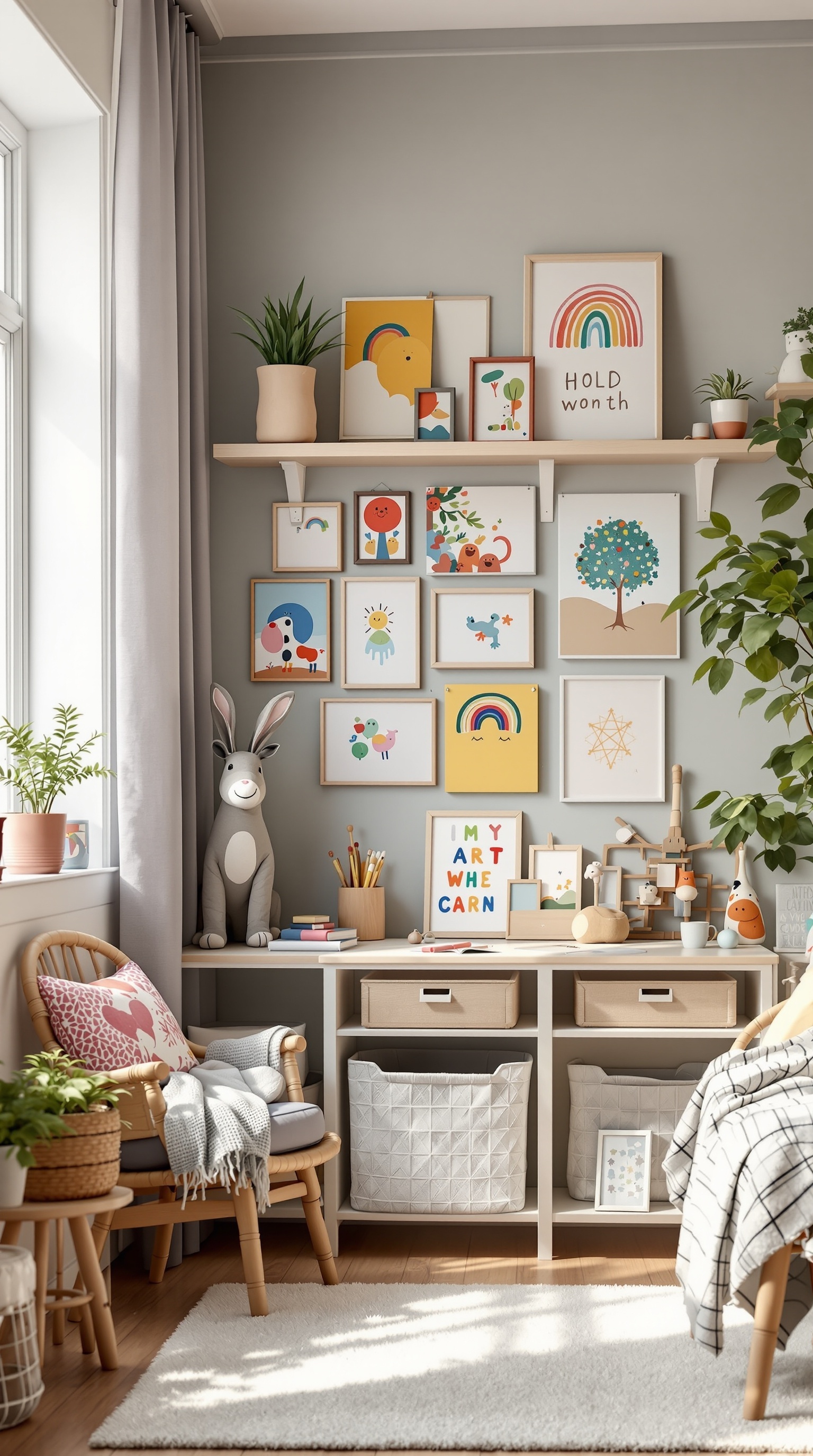 A cozy kids' room featuring a wall shelf with colorful artwork, a comfortable chair, and plants.