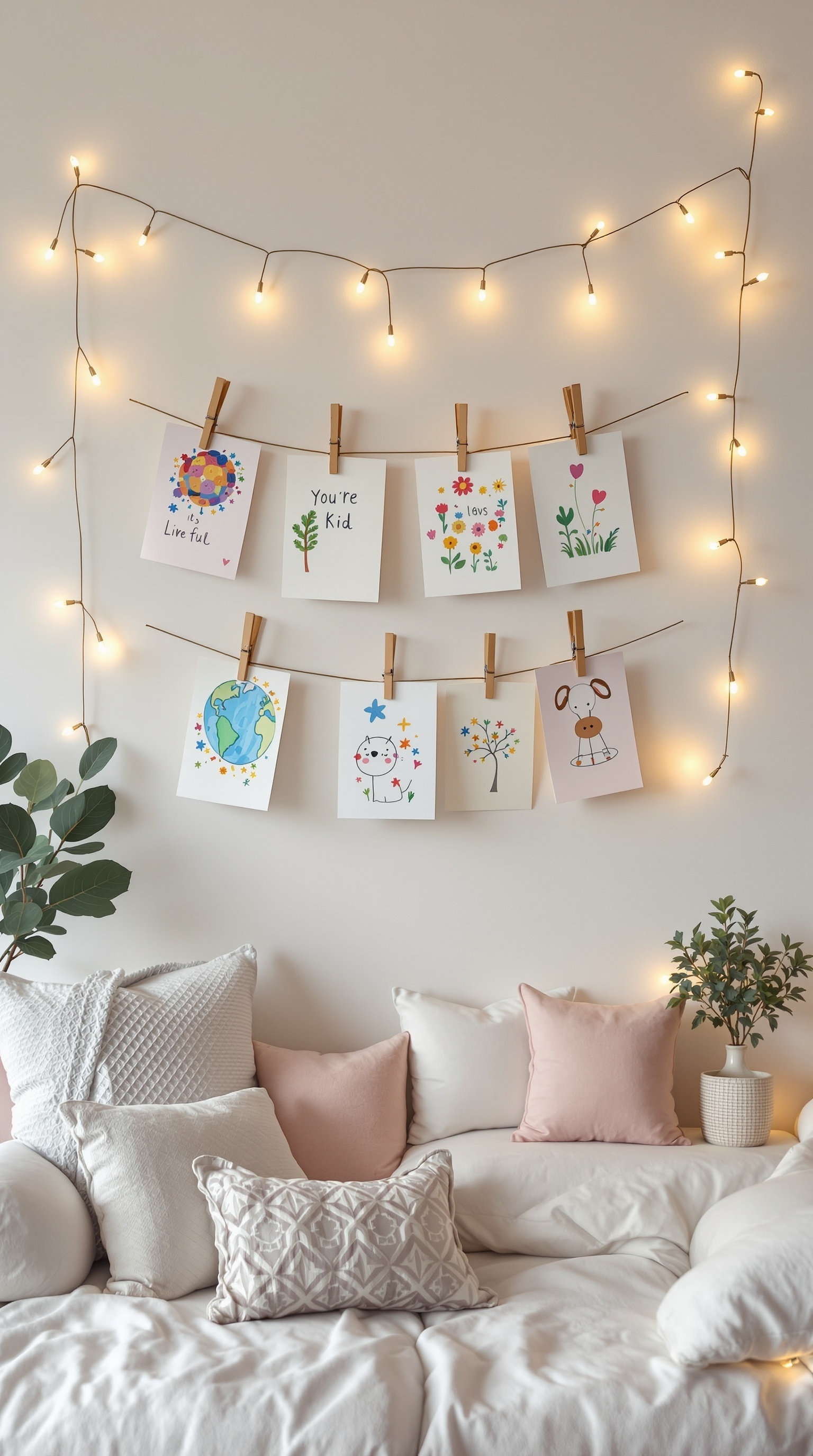 A cozy room with kids' artwork displayed on a string with fairy lights.