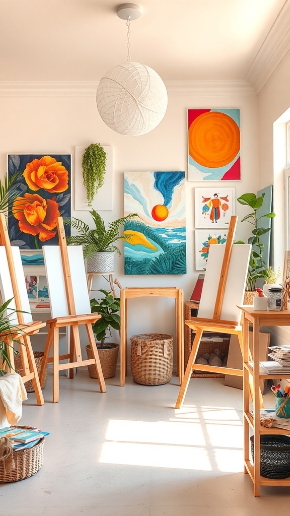 Bright and inviting art studio with easels, colorful artwork, and plants