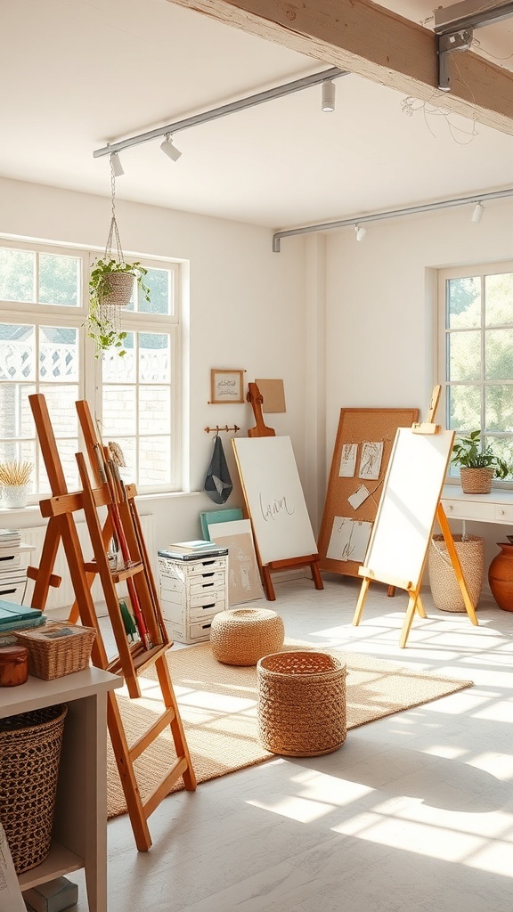Bright and inviting basement art studio with easels, natural light, and cozy decor