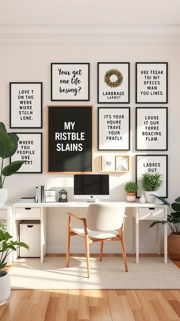 A home office with a gallery wall featuring framed quotes and art, a desk with a computer, and plants.