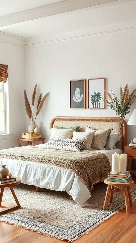 A cozy boho farmhouse bedroom featuring a bed with layered bedding, decorative pillows, and natural elements.