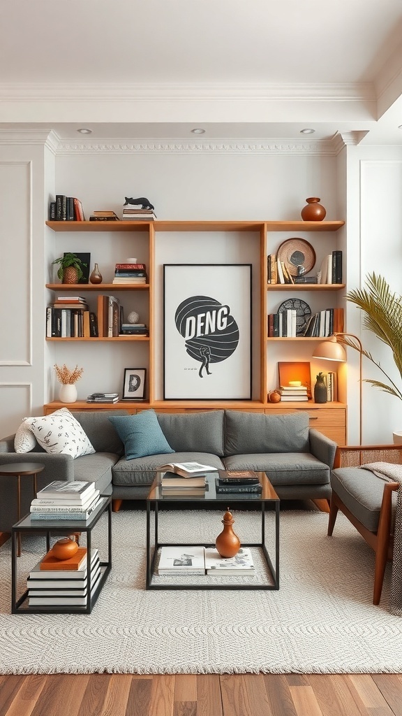 Cozy living room with artfully arranged books on shelves, a comfortable sofa, and decorative items.
