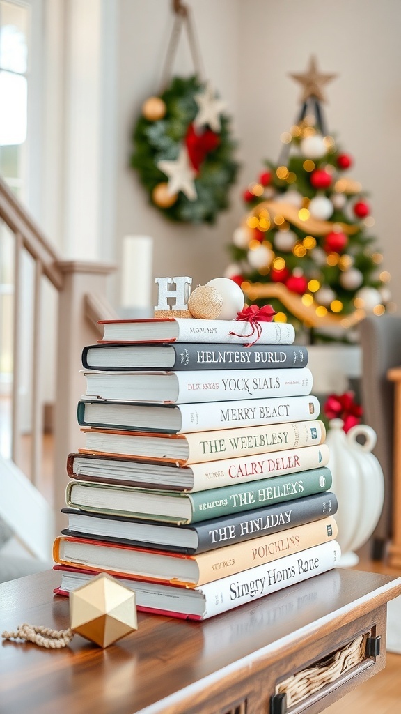 A stack of holiday-themed books on an entryway table, with a wreath and Christmas tree in the background.