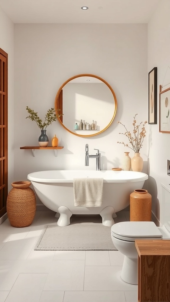 A serene Japandi bathroom featuring a round mirror, earthy vases, and a freestanding bathtub.