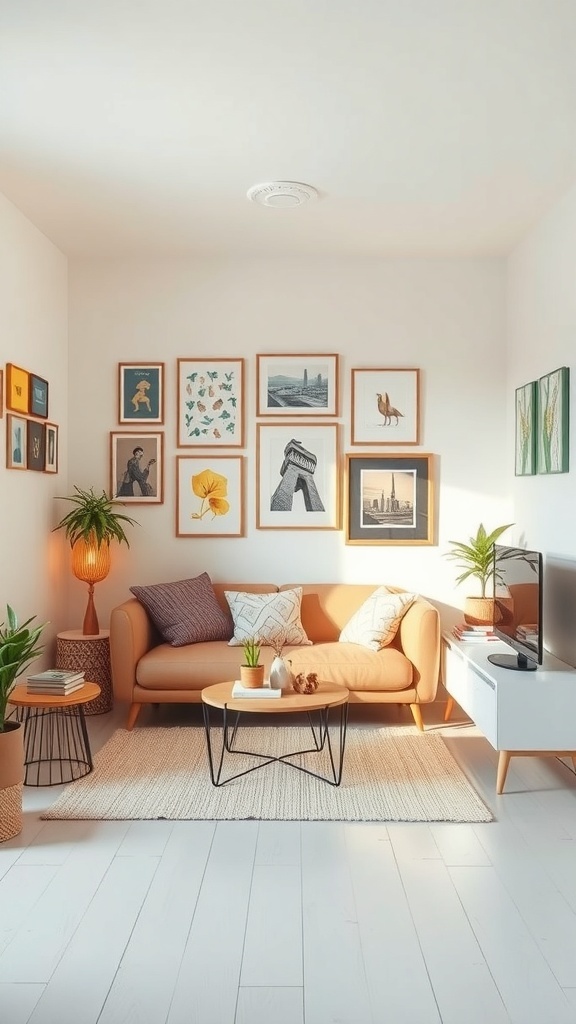 Cozy studio apartment with a gallery wall of framed art, plants, and a comfortable sofa.