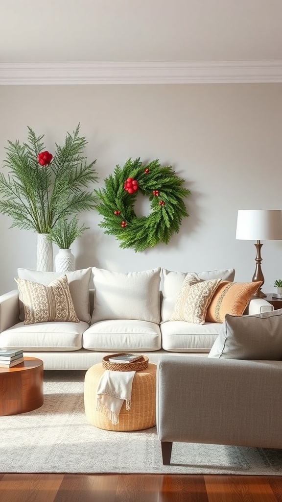 A cozy winter living room featuring a wreath and tall greenery in vases.