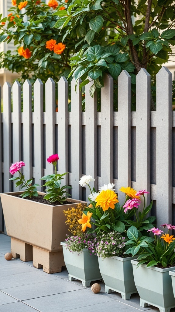 A wooden fence with colorful flower planters in front of it.