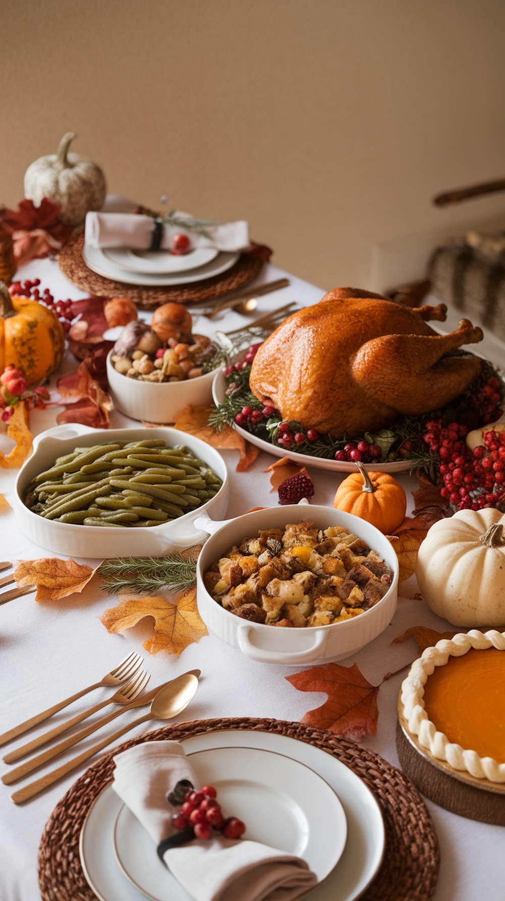 A beautifully arranged Thanksgiving table with roasted turkey, green beans, stuffing, and pumpkin pie surrounded by autumn decor.
