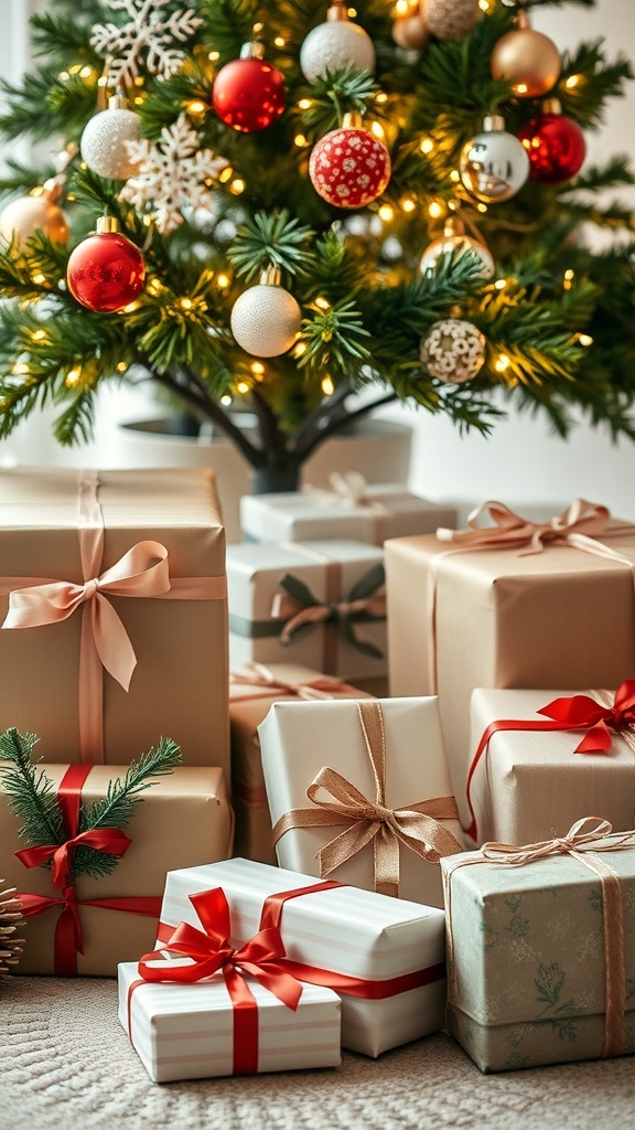 Beautifully wrapped Christmas gifts under a decorated tree
