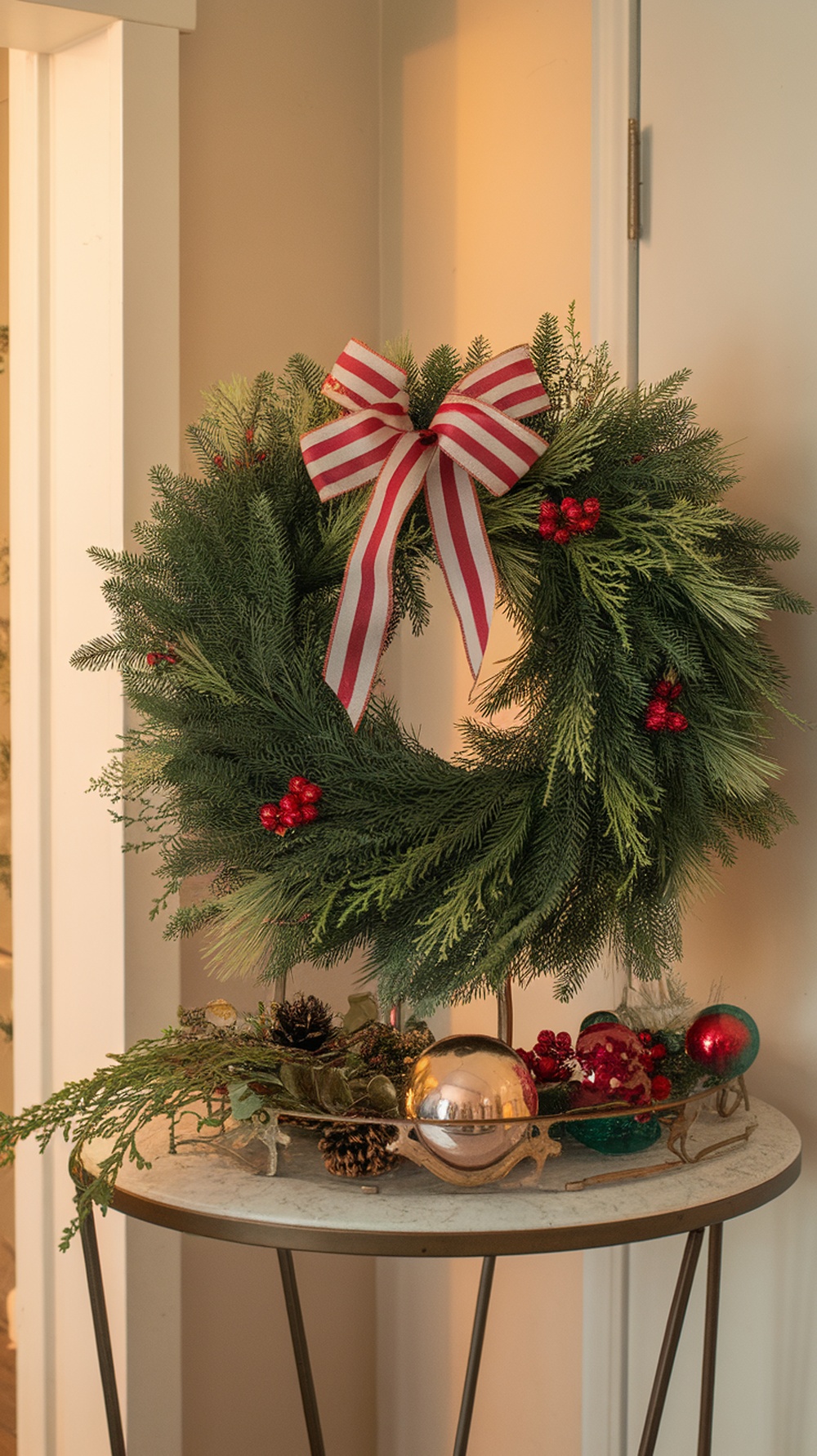 A decorative wreath with red berries and a striped bow on a table with ornaments and pinecones.