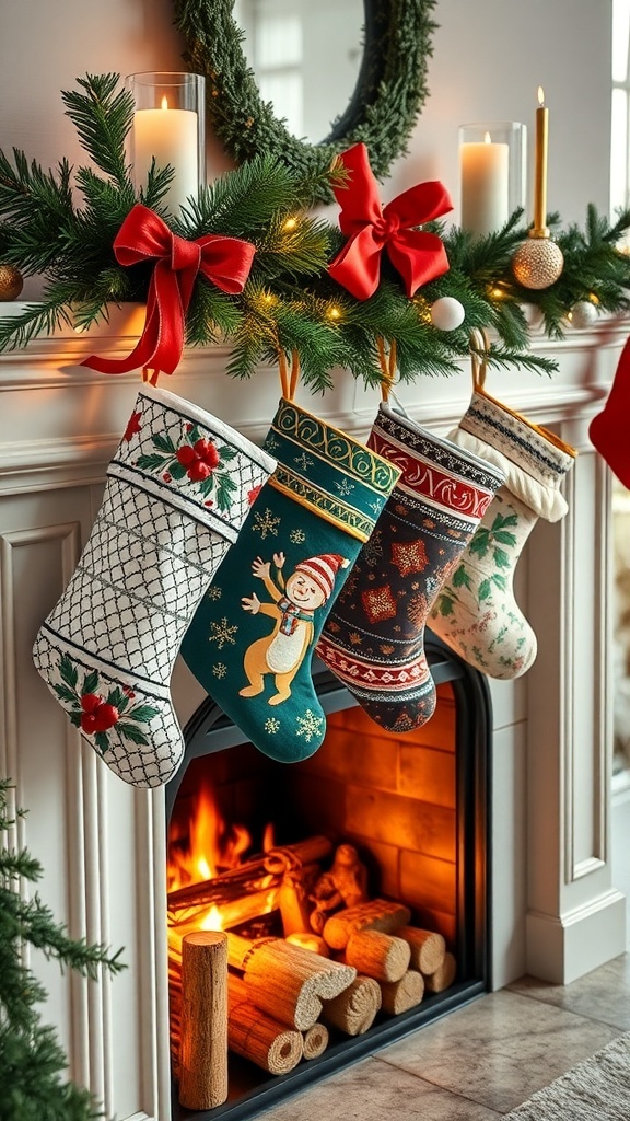 A cozy fireplace with colorful holiday stockings hanging from the mantle, surrounded by festive decorations.