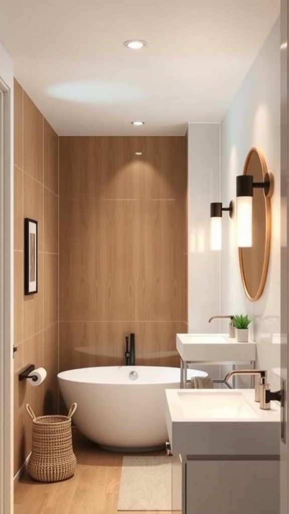 A narrow bathroom with modern recessed lighting and elegant wall sconces.