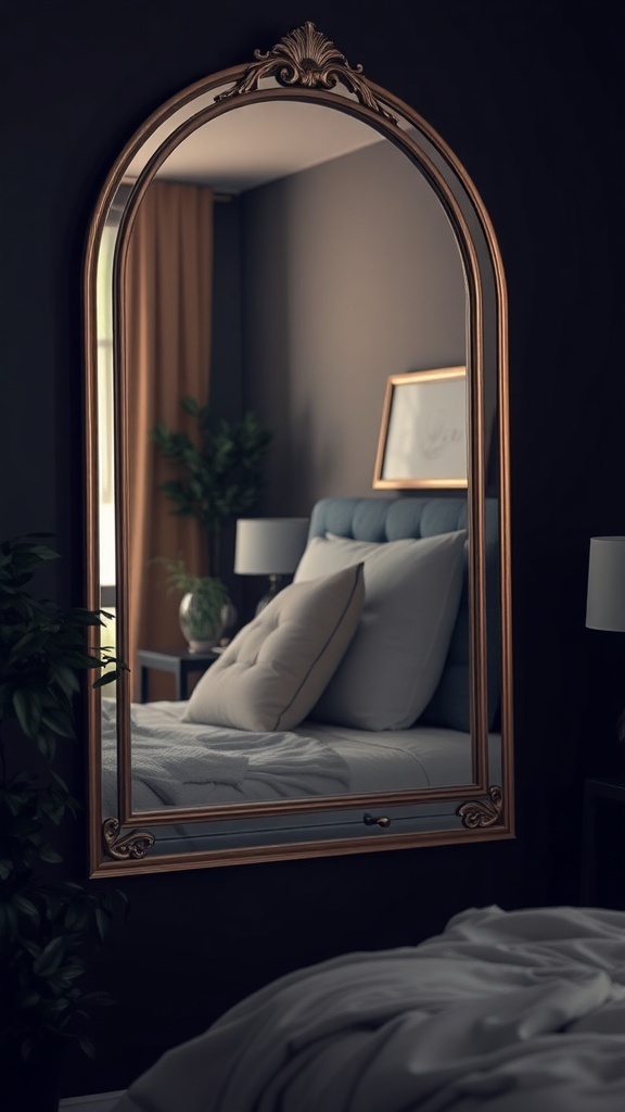 A vintage-style mirror with an ornate frame reflecting a cozy bedroom with dark walls and soft lighting.