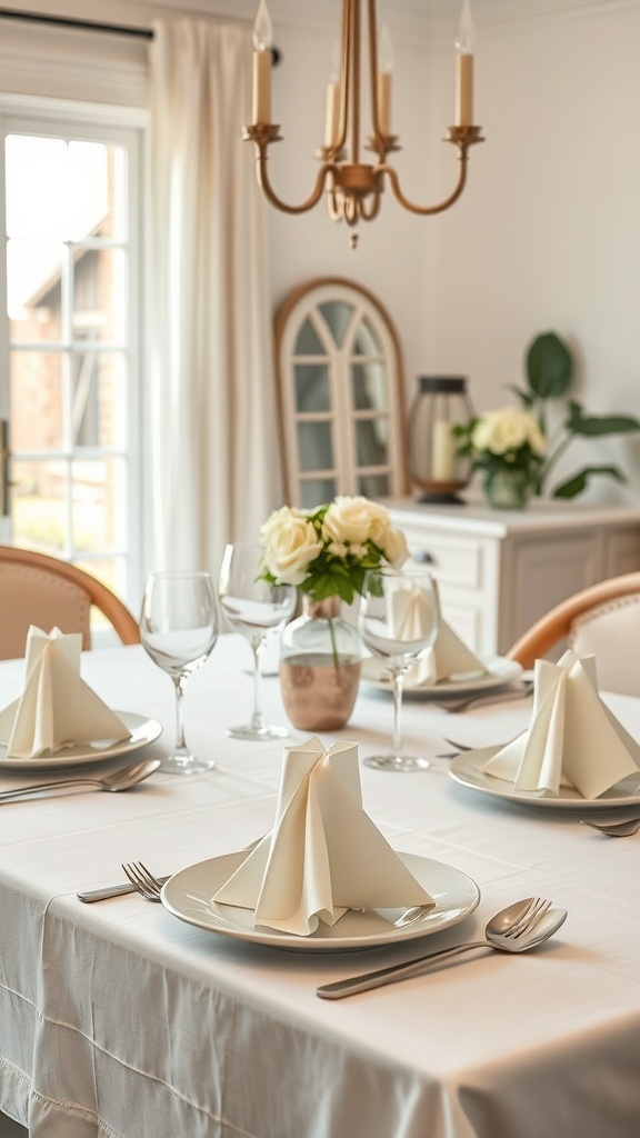 A beautifully set dining table with artfully folded napkins, elegant tableware, and a floral centerpiece.