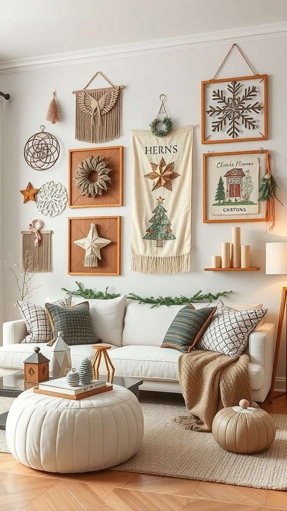 A cozy living room decorated with neutral Christmas wall hangings, featuring various textures and shapes.