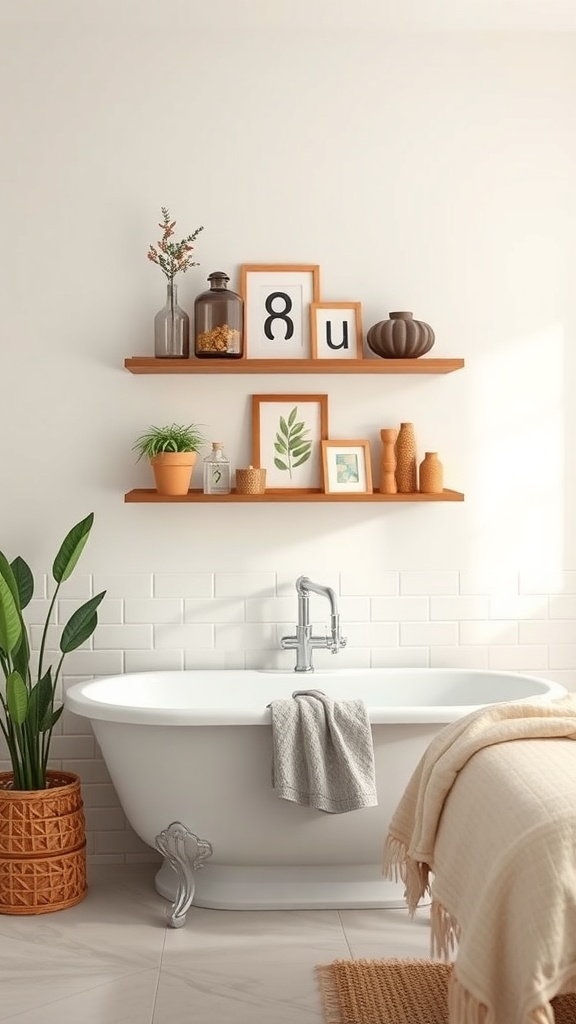 Stylish bathroom with wooden shelves displaying decorative items and plants