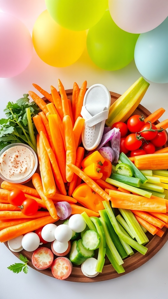 A colorful vegetable charcuterie board featuring carrots, celery, bell peppers, cherry tomatoes, cucumbers, and mini mozzarella balls, with a baby shoe and balloons in the background.