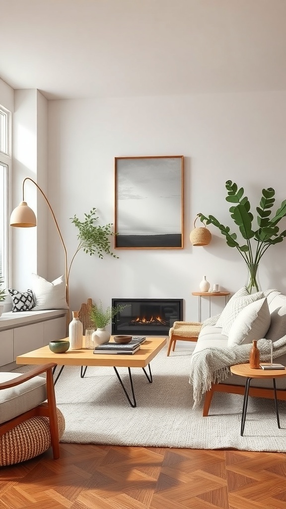 A cozy Scandinavian living room with artful wall decor, natural accents, and a warm atmosphere.