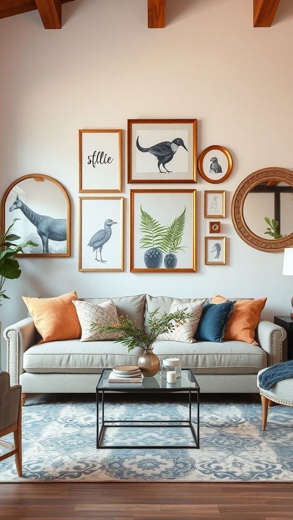 Cozy luxury living room with artful wall decor featuring bird illustrations and a mirror.
