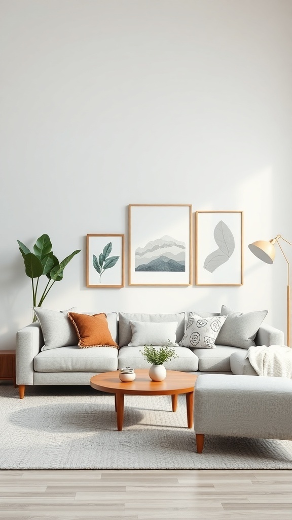 Cozy minimalist living room with artful wall decor featuring framed artworks and a wooden coffee table.