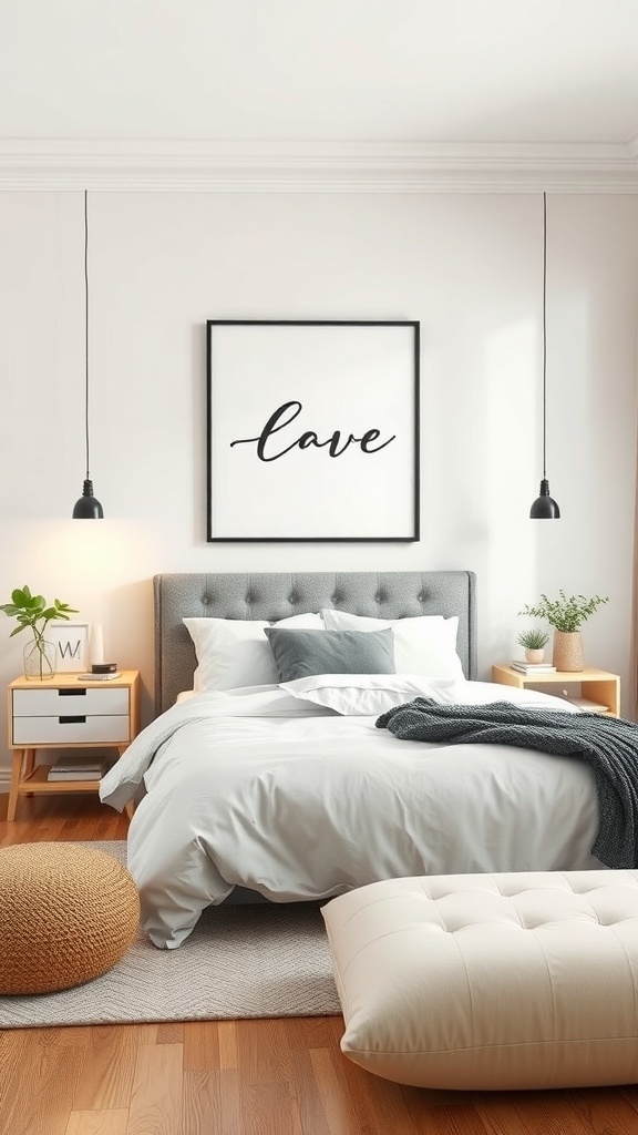 Minimalist teen bedroom featuring a wall art that says 'love', gray bed, and modern lighting.
