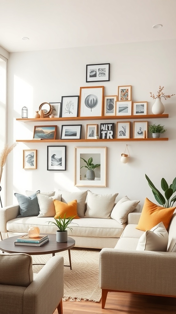 Cozy living room with artful wall displays and comfortable seating