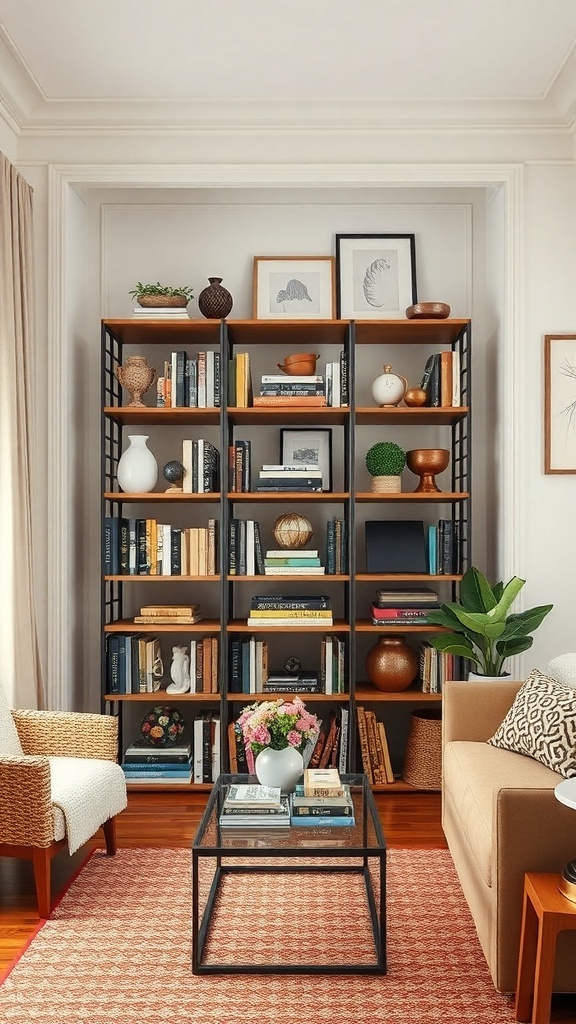 A cozy bookshelf filled with books, decorative items, and plants, with comfortable seating nearby.