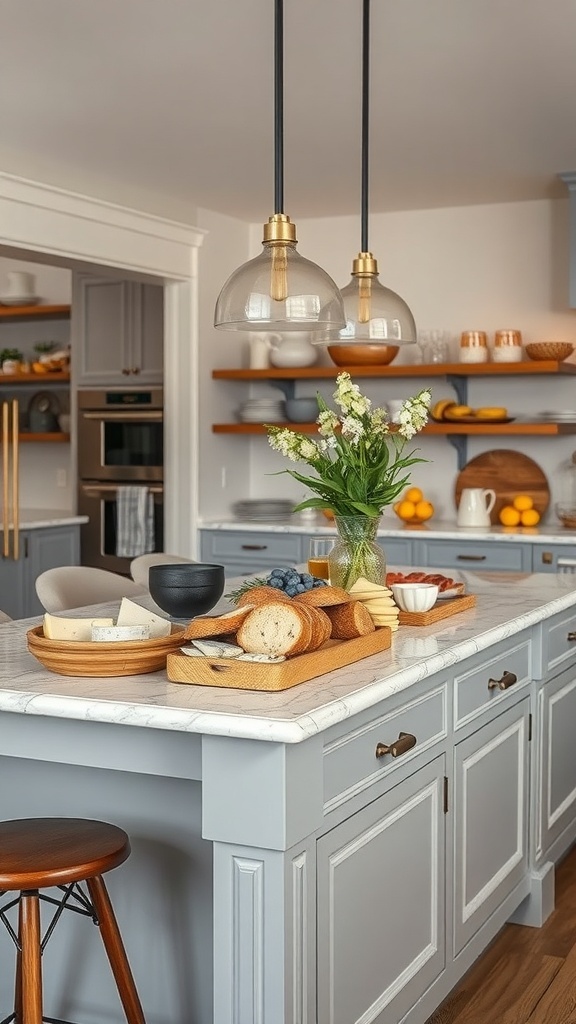 Artisan bread and cheese display on a kitchen island with flowers and fruits.