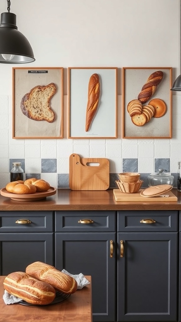 Artisan bread and pastry prints on a kitchen wall