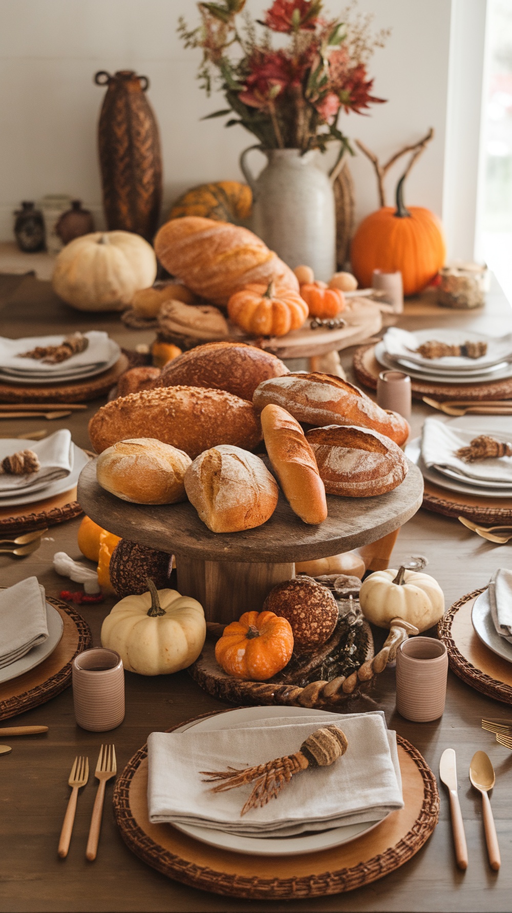 A beautifully arranged artisan bread display on a Thanksgiving table, featuring various types of bread, pumpkins, and seasonal decor.