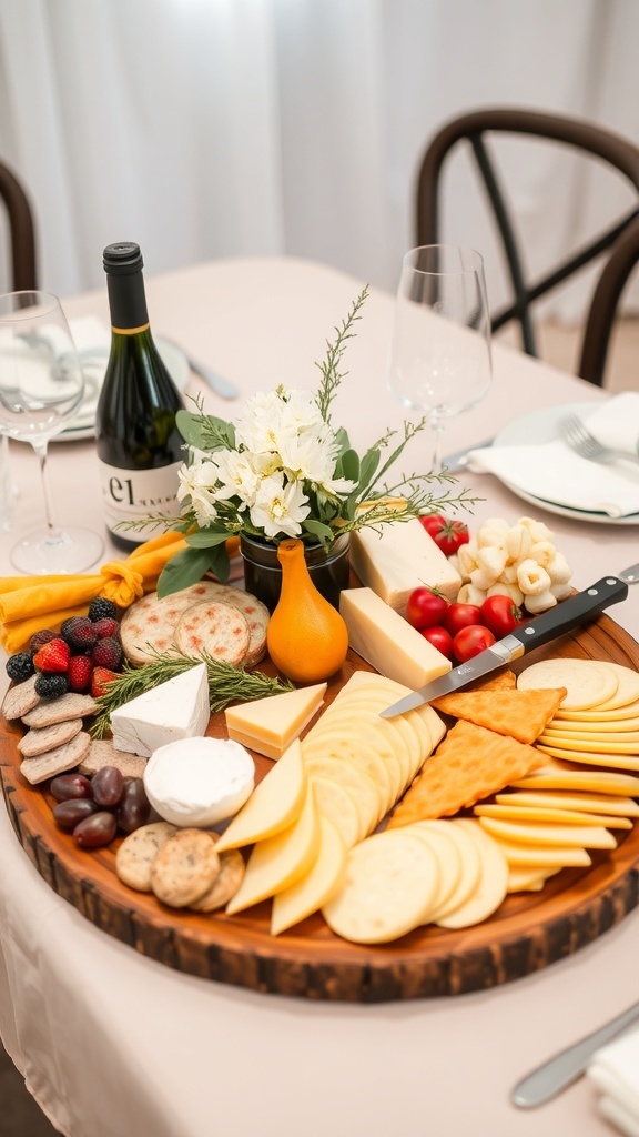 An artisan cheese and charcuterie display featuring various cheeses, meats, fruits, and a small bouquet.