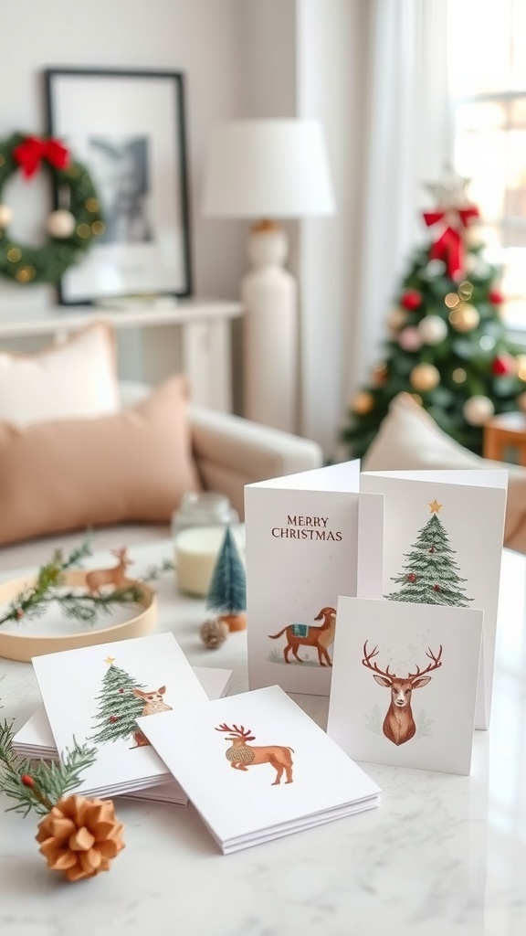 Artisan Christmas cards with festive illustrations on a marble table, surrounded by holiday decorations.