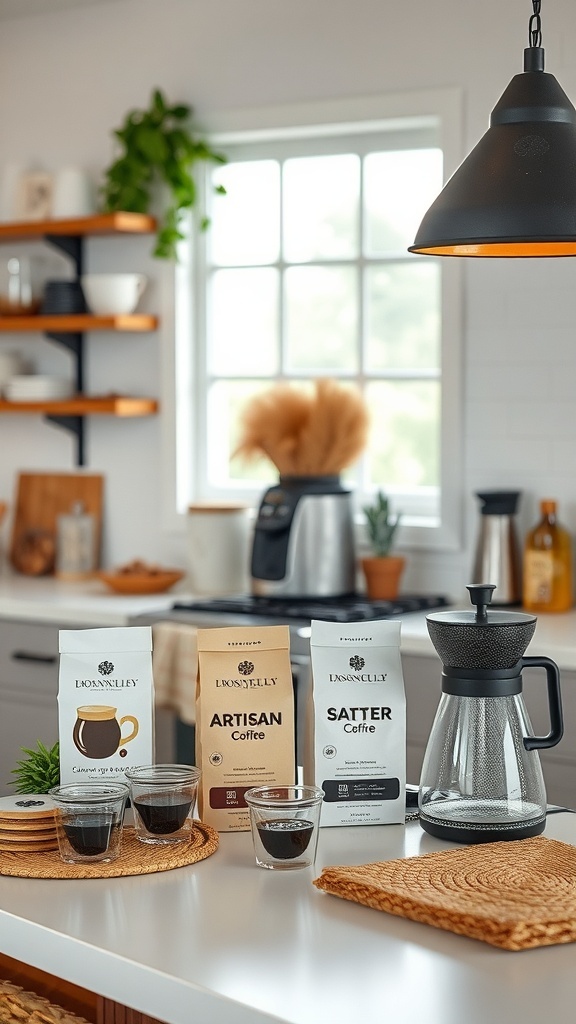Artisan coffee blend showcase on a kitchen counter with coffee bags and glass cups.