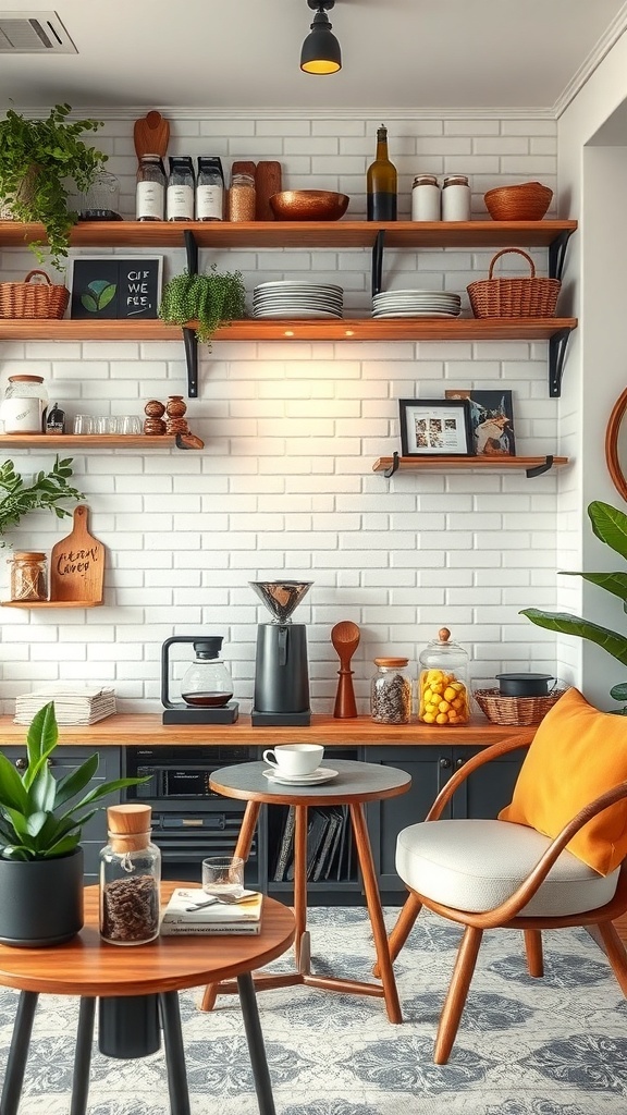 A cozy artisan coffee brewing area with wooden shelves, coffee maker, and plants.