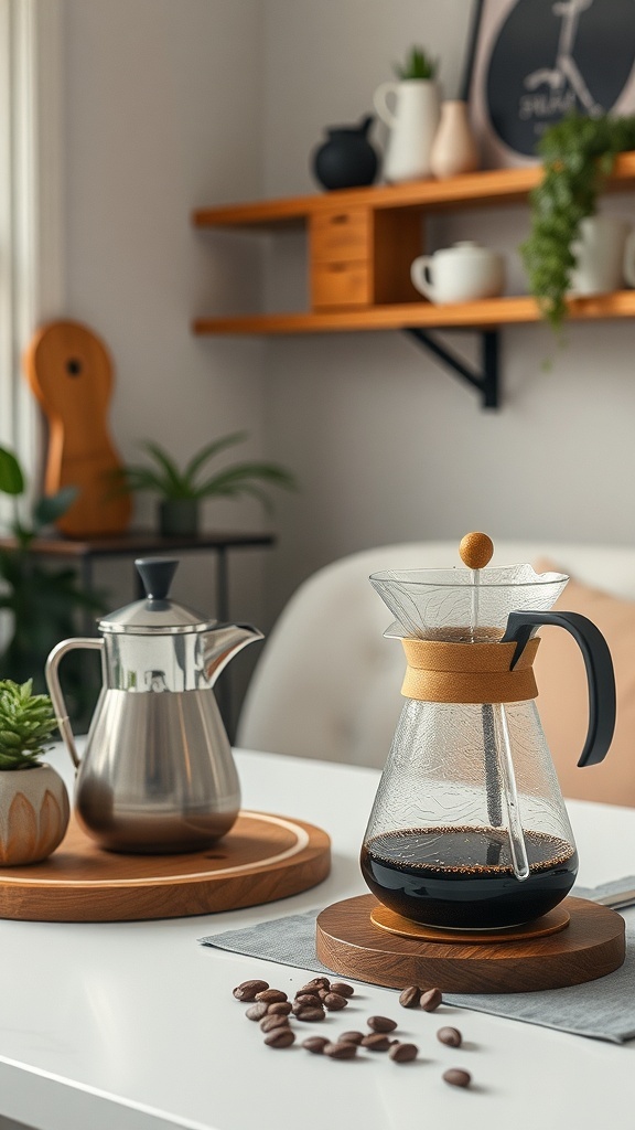 Artisan coffee brewing setup featuring a glass coffee maker and a kettle on wooden trays with coffee beans scattered on the table.